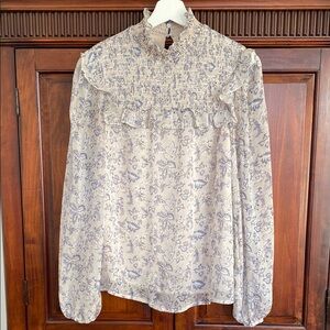 En Saison smocked high neck long sleeves floral print Victorian georgette blouse